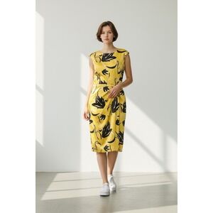 Samantha Sung Audrey Yellow Black Floral Draped Tie Waist Sheath Dress Size 6